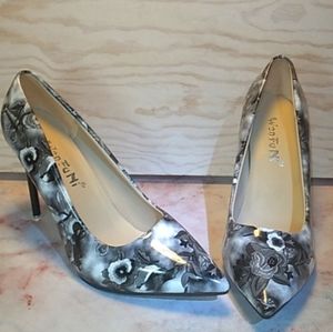 Black Floral Silhouette PULeather HighHeels Grey